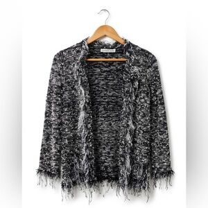 Sportworks Studio Black White Knit Fringe Cardigan Open Front Tweed Look Medium